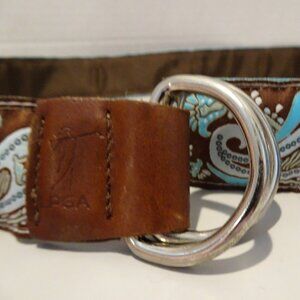 YRI Grosgrain Ribbon Paisley Belt Size S PGA Leather Brown Blue Vintage